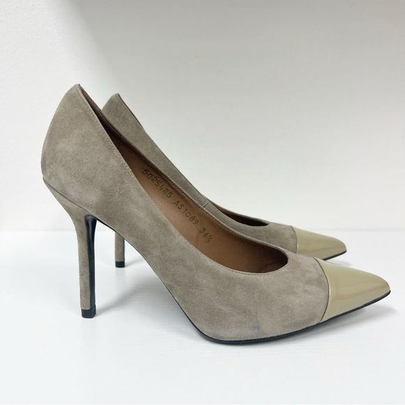 Escada Suede Patent Stiletto Point 36.5 Taupe - Picture 1 of 8